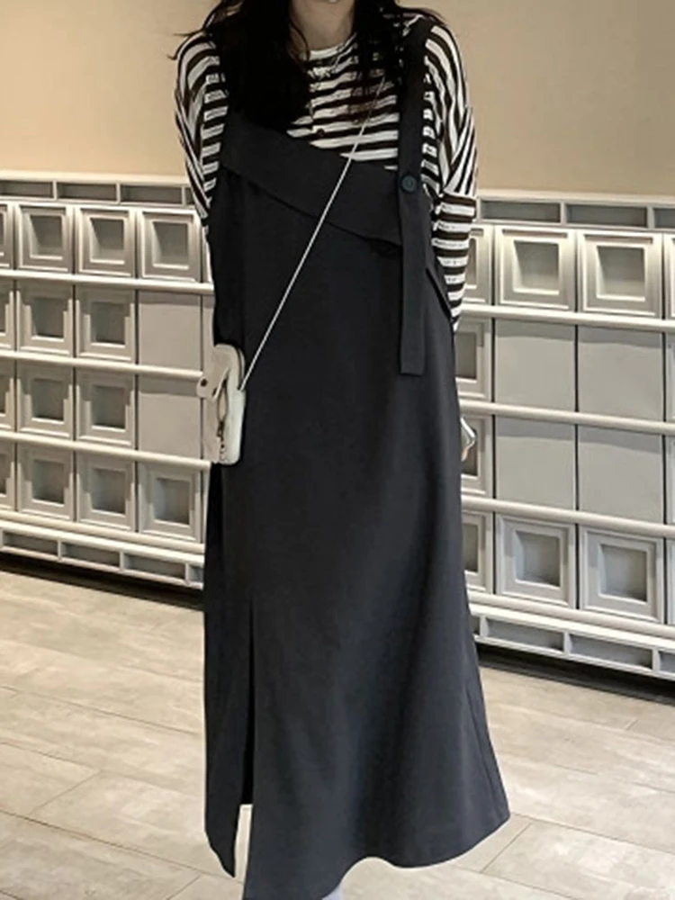 Faionable Striped Long Sve Dr And Overalls Two Piece Set Sweet College Sle High Waist Cotton Polyester mid Length S...