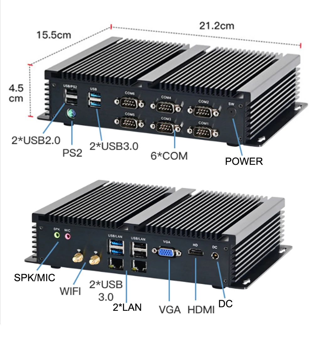 Mini PC Intel Core i7-10510U 8565U 7150U Processor 6x COM Ports RS232 Support WiFi 4G 2*LAN HD VGA PS Computer 8*USB Windows11