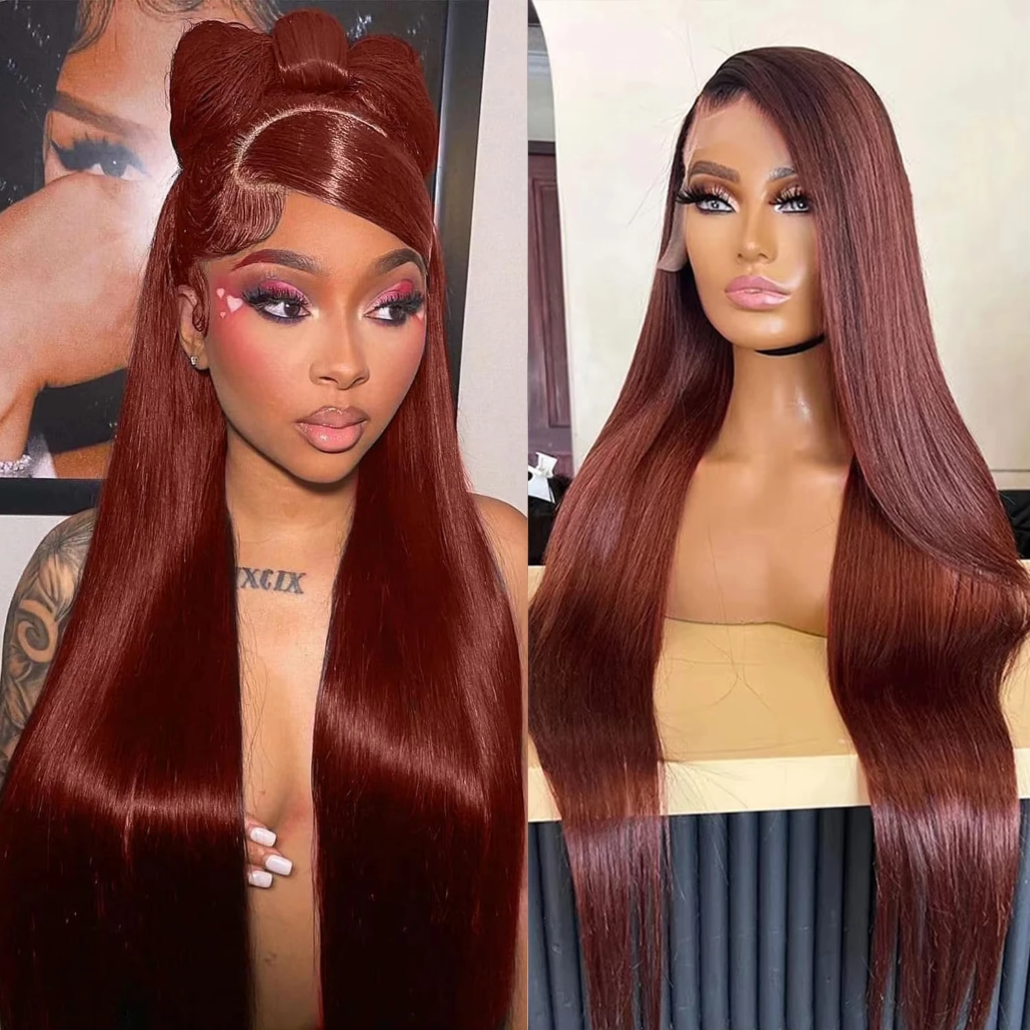 30 inch Reddish Brown Straight Wigs 13x4 HD Lace Human Hair Wig Pre Plucked Colored Lace Frontal Wigs Brazilian 100%Human Wig