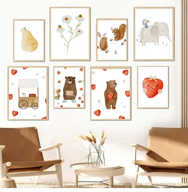 1pc frameless Canvas Painting Bear Deer Pine Tree Elephant Fox Strawberry Wall Art Canvas Painting Nordic Poster and Prints W