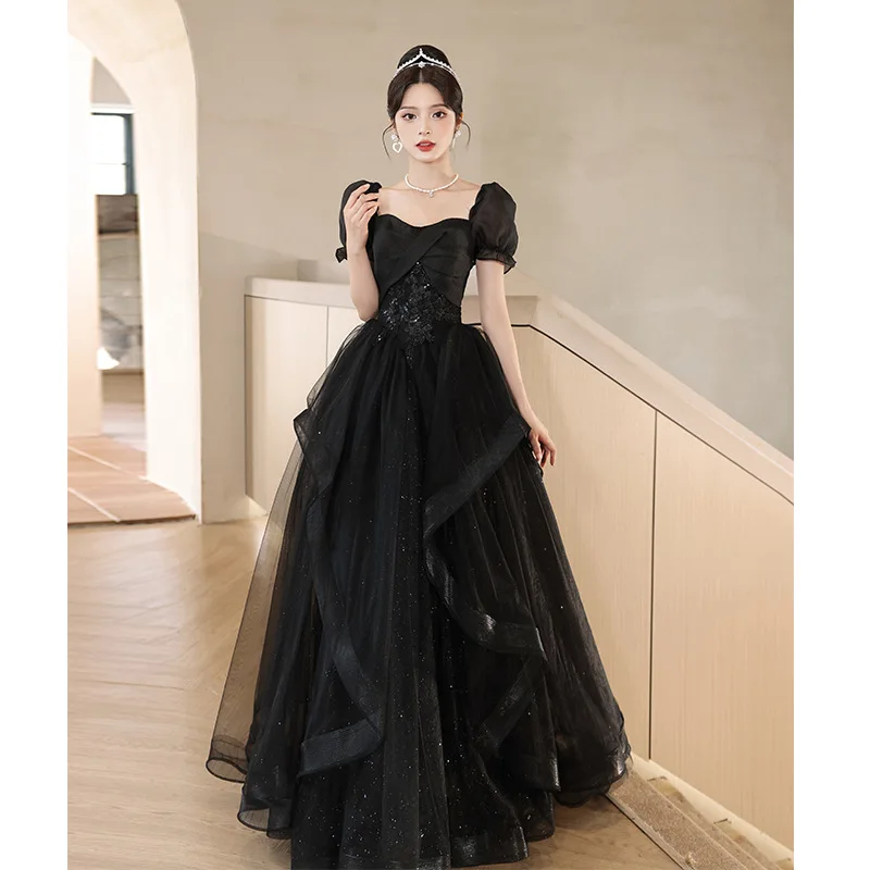 2026 New Women S Black Banquet Evening Dress Mesh Embroidery Fashionable Slimming High Quality Custom Party Host French Gown