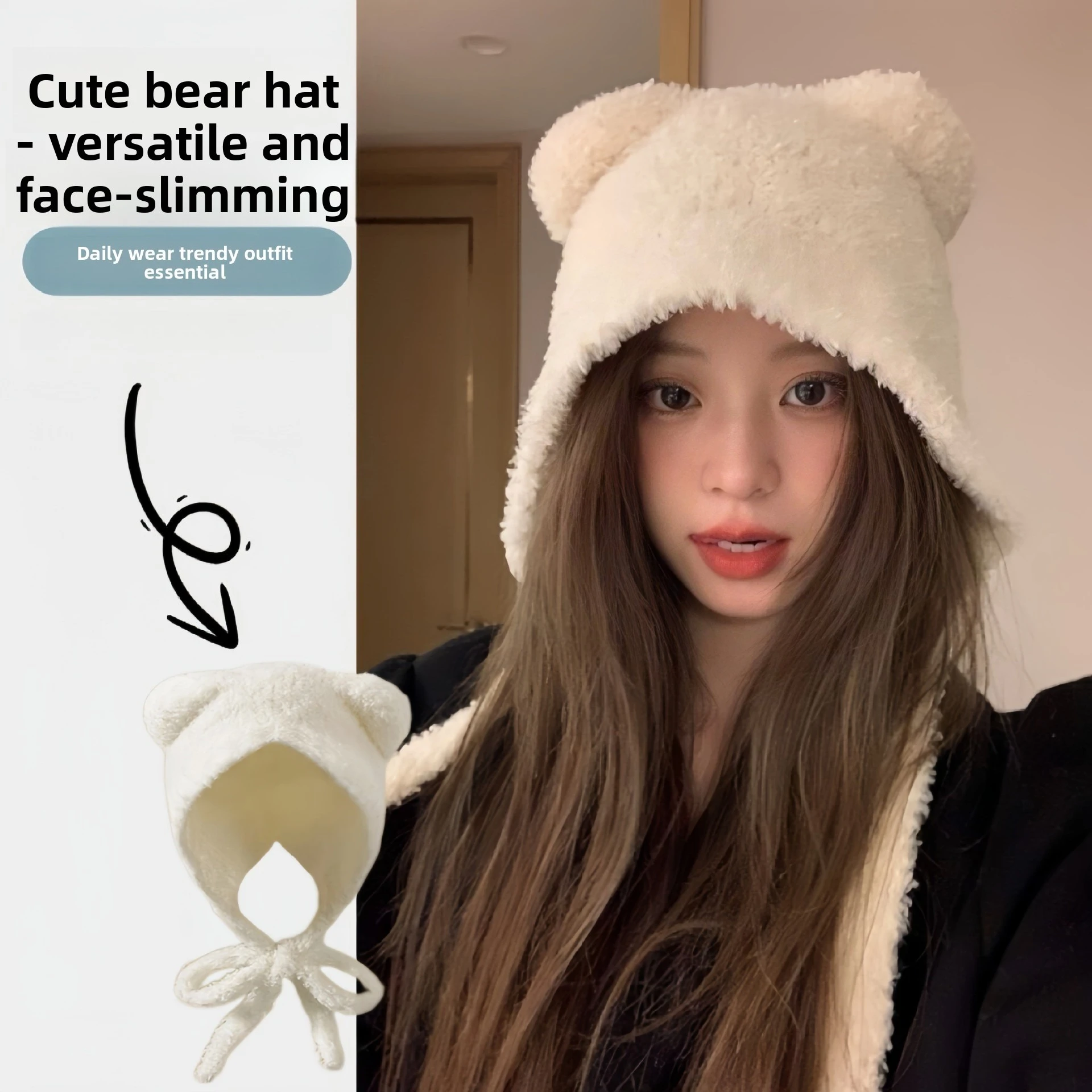 Hearing Protection Plush Knit Earflap Beanie Hat Cute Bear Pattern Warm Protective Headwear for Women Autumn Winter Large Head