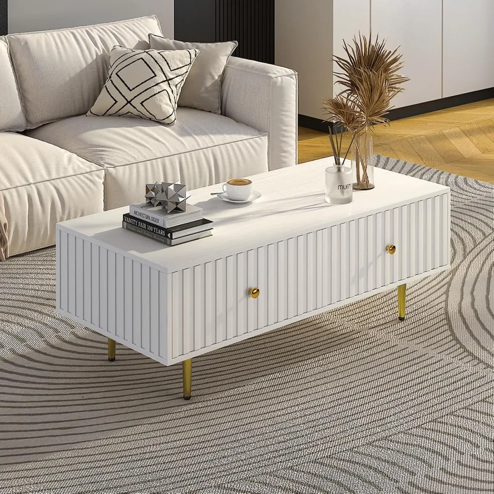 

Modern Coffee Table with Storage with 2 Big Drawers, White Rectangle Coffee Table for Living Room, Wooden Fluted Table Accent Te