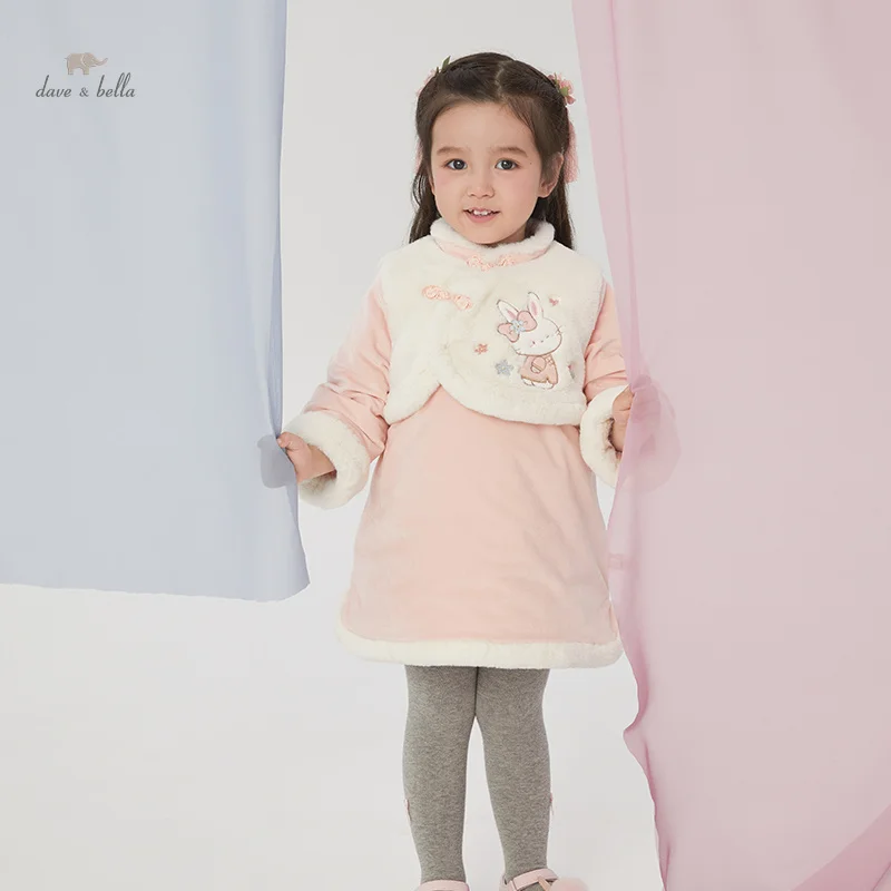 Dave Bella Children Pink Dress Winter New Female Baby Fashion Cute Cartoon Princess Knitting Dress DB4237121