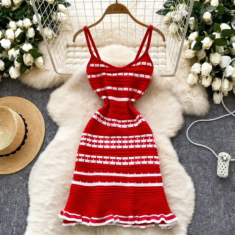YuooMuoo Schickes Modisches A-Linien Kurzkleid für Damen Trendiges Y2K Geometrisches Strickkleid Sommer Streetwear Koreanischer Stil Damen Party-Kleid