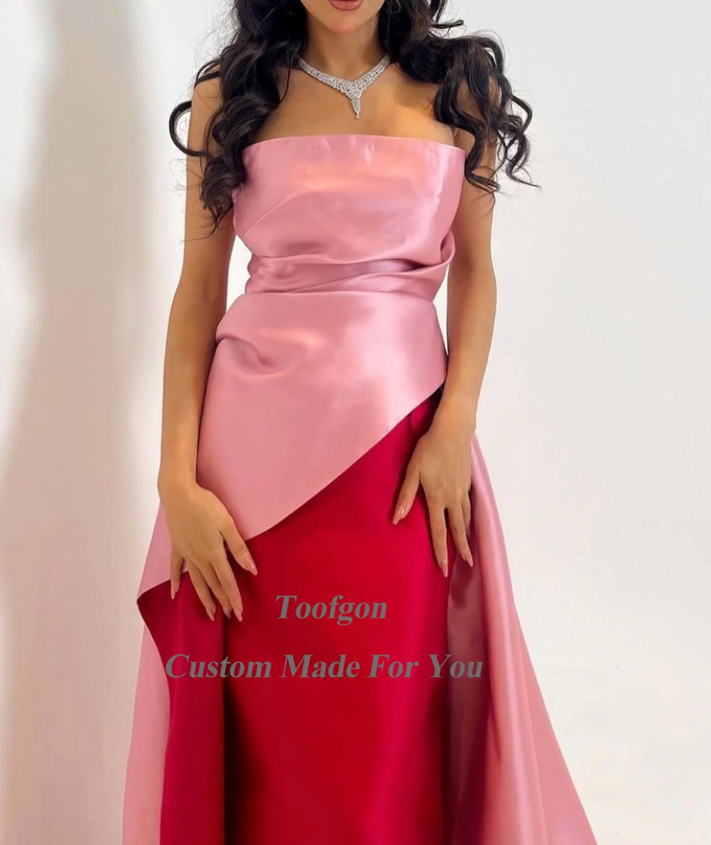 Toofgon Pink Red Satin Saudi Arabia Formal Party Dresses Strapless Women Prom Dress Tea-Length Midi Sweep Train Evening Gowns