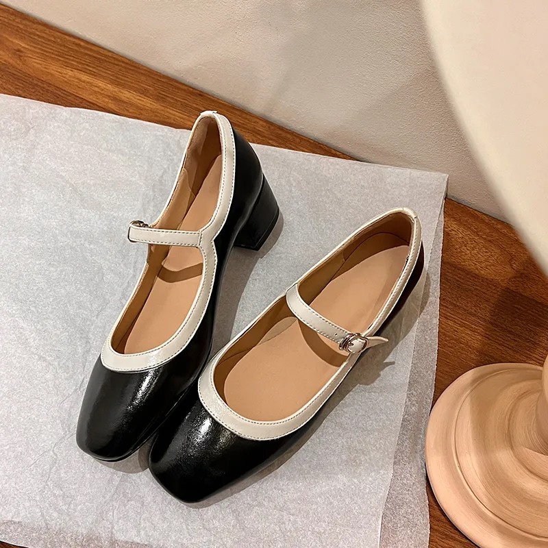 

MKKHOU Fashion Pumps New High Quality True Leather Color Block Mary Janes Shoes Round Toe Mid Heel Women's Leather Shoes