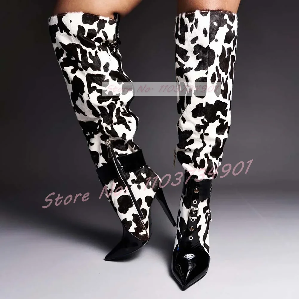Cow Color Rivets Pointed Toe Stiletto Boots Women Fashion Zipper Belt Buckle Knee Length Boots Lady Nifty Sexy High Heels Boots
