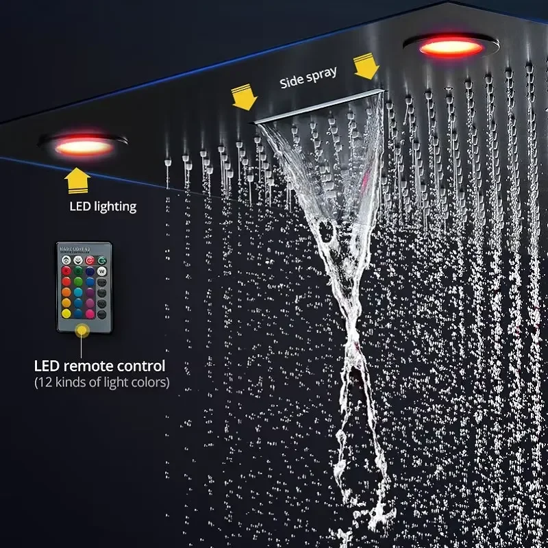 MATTE Black Shower Faucets 31'' Large Rainfall LED Waterfall Massage Shower Set Bathroom Thermostatic 5 Ways Mixer view 2