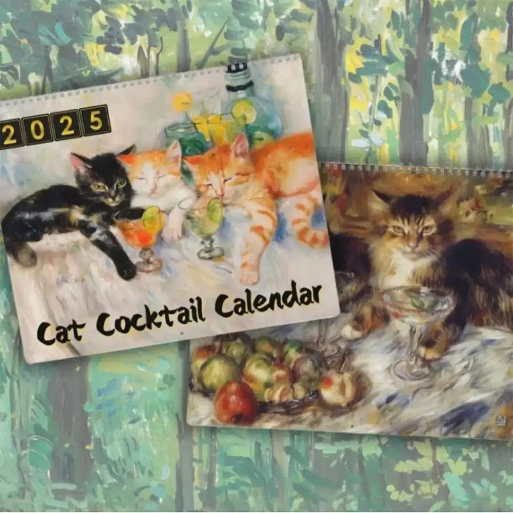Daily Weekly Monthly Planner 2025 Cat Cocktails Calendar Paper Home Ornaments Wall Calendar Animal Pattern Hangable