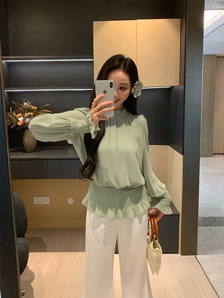 

Spring round Neck Shirt Women Slimming Waist Design Wood Grain French Style Polyester Long Sleeve Lace Shirt