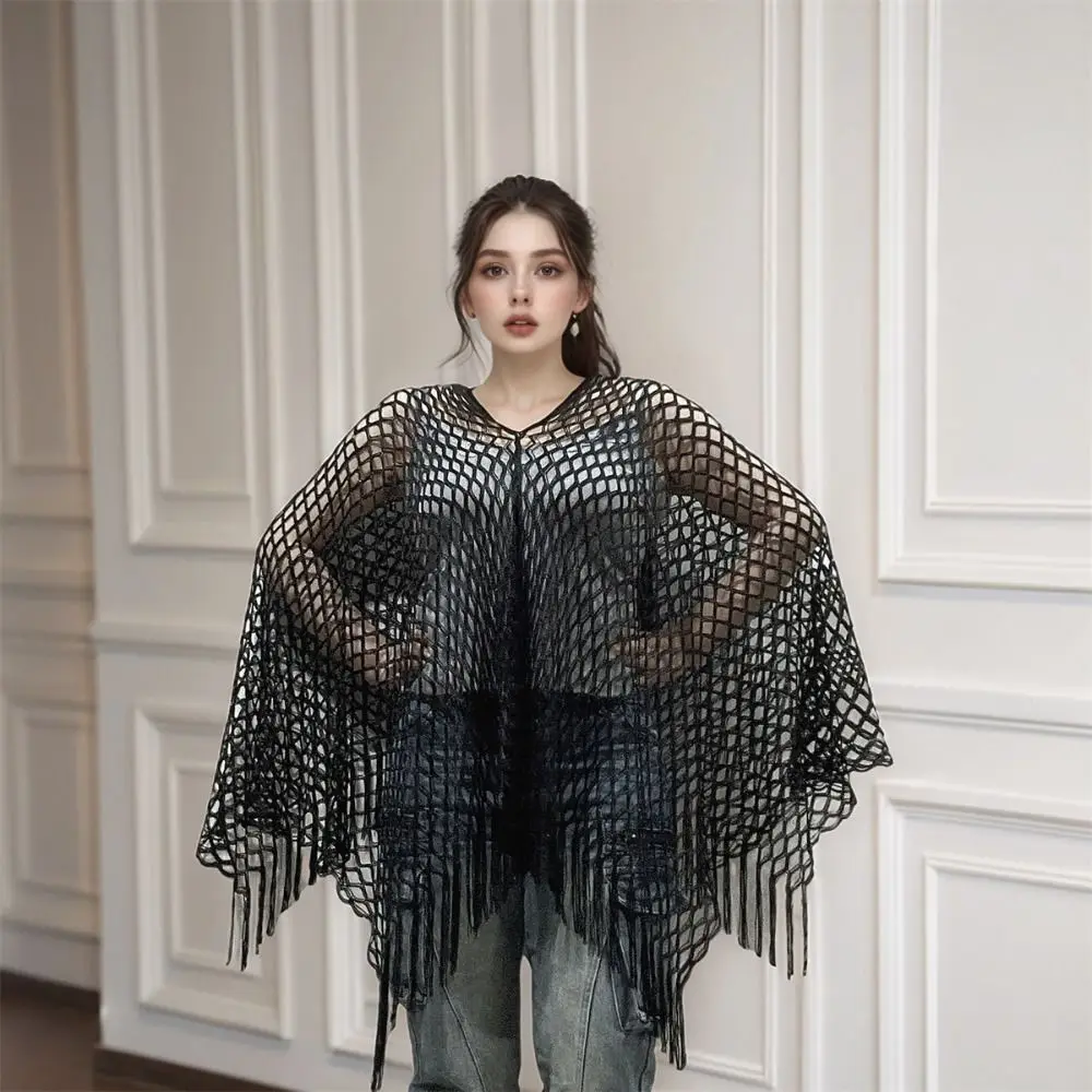 Simple Tassel Sunscreen Cover-up Loose Fit Plus Size Knit Hollow Out Top Casual Crochet Bohemian Shawl Vacation view 4