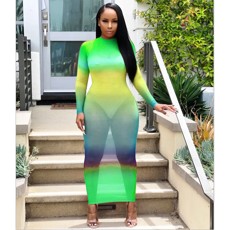 Robe transparente à imprimé arc-en-ciel pour femmes, document nickel é, manches longues, col rond, robes de club sexy pour dames maigres