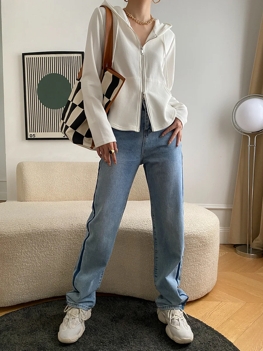 2025 New Women's Slimming Double Zipper Hooded Sweatshirt Slim Fit Jacket 2025 Autumn and Winter Solid Color Versatile Jacket