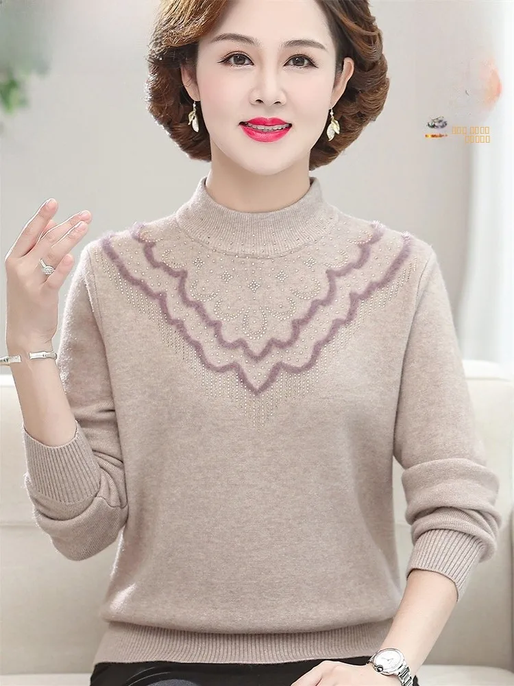 

Faionable Thiened Knitted Sweater for Middle-Aged Women Autumn Winter Warm Inner Wear Velvet Inteated Fce Base Top