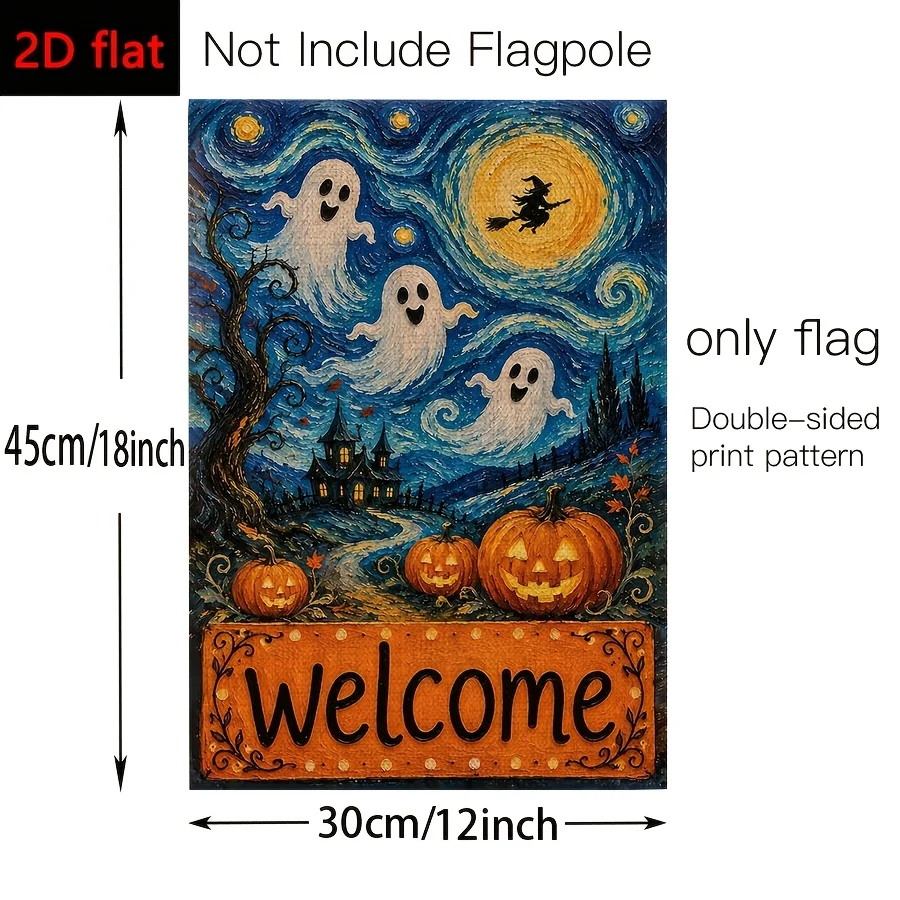 2D Flat - 2D Flat - Pack of 1, 2D Flat Horror Ghost Pumpkin Garden Flag, Fun Halloween Welcome Flag, Traditional Classic Flag House Decor, Home and Garden Signs, 12X18 Inches, for Patio Lawn Decor, Porch Decor, Without Flagpole