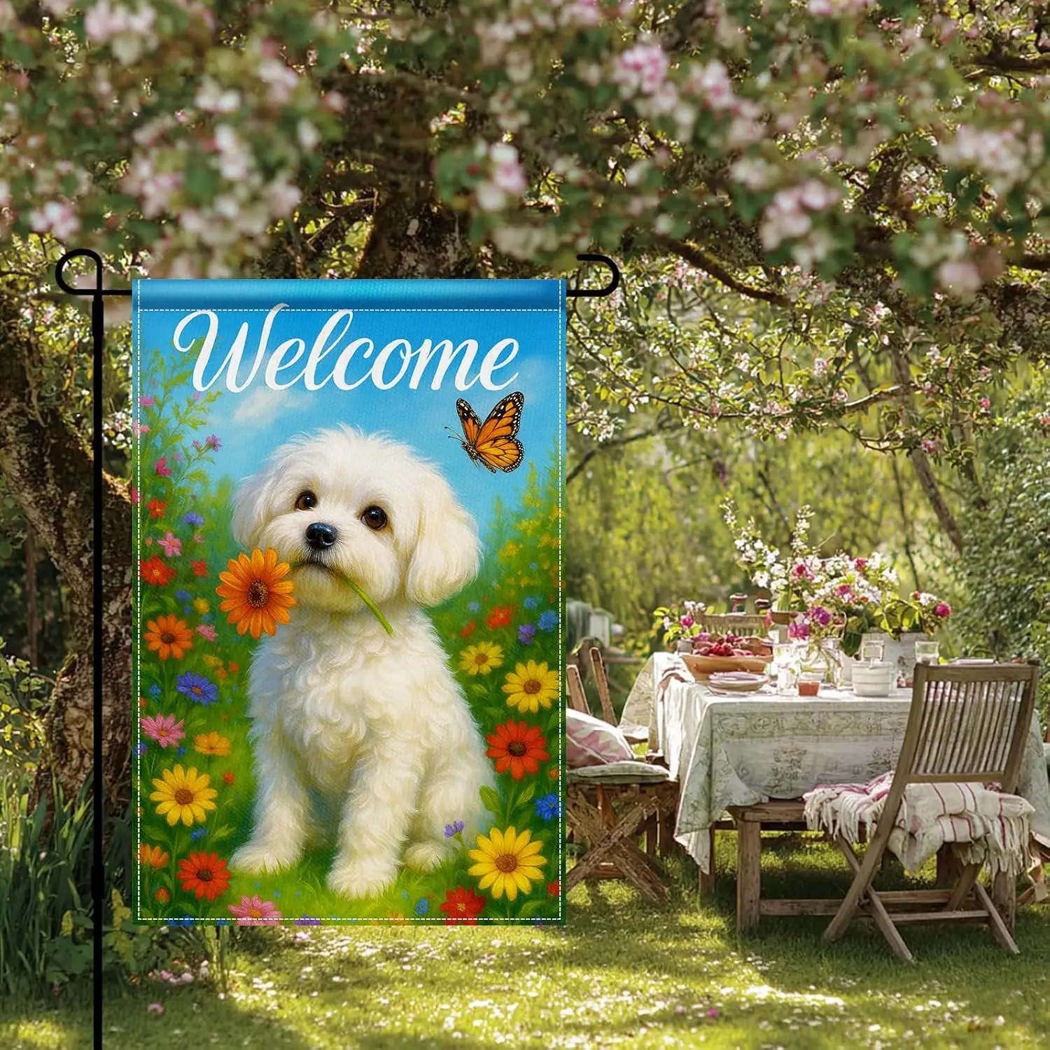 Spring Dog Garden Flag 12x18 Inch Double Sided Welcome Puppy Flower Butterfly Burlap Garden Flag Rustic Farmhouse Yard Outdo PPM