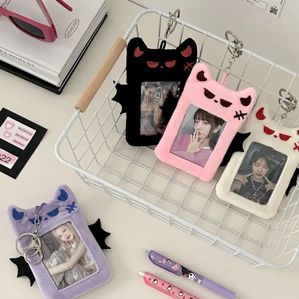 Bat Demon Cartoon Plush Photocard Holder Transparent Korean Style Cartoon Card Cover Protective Case with Keychain Pendant