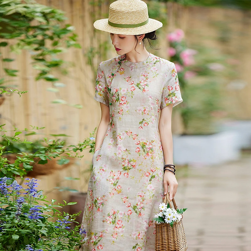 100% Ramie Women Cheongsam Dress New Arrival 2026 Summer Chinese Style Floral Print Ladies Elegant A-line Long Dresses M2747