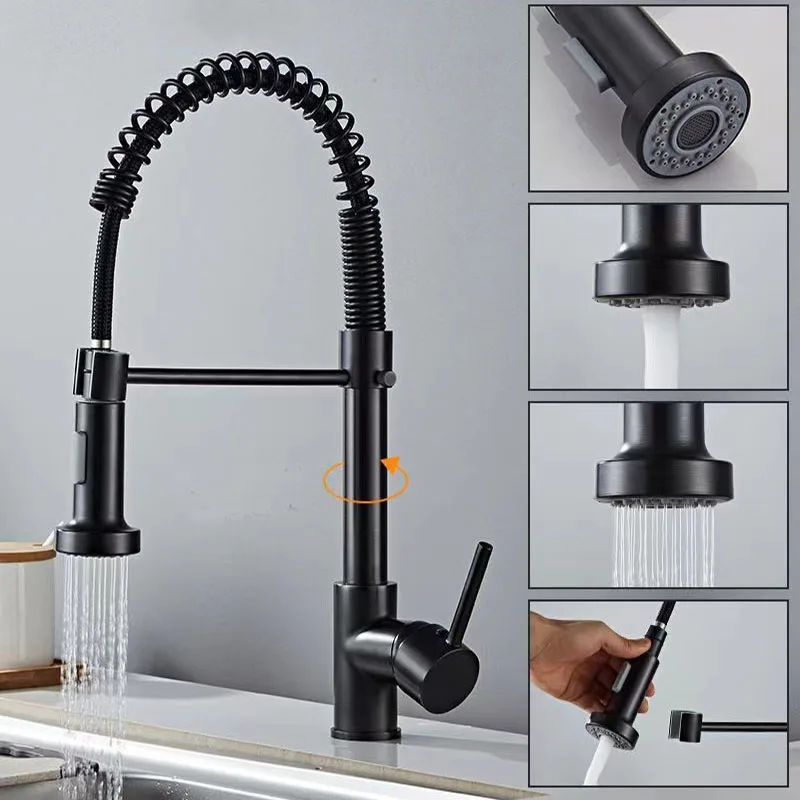 

Матовый черный выдвижной кухонный смеситель, хромированный двойной режим, насадка, смеситель для горячей и холодной воды, кран, латунные пружинные смесители для кухонной мойки