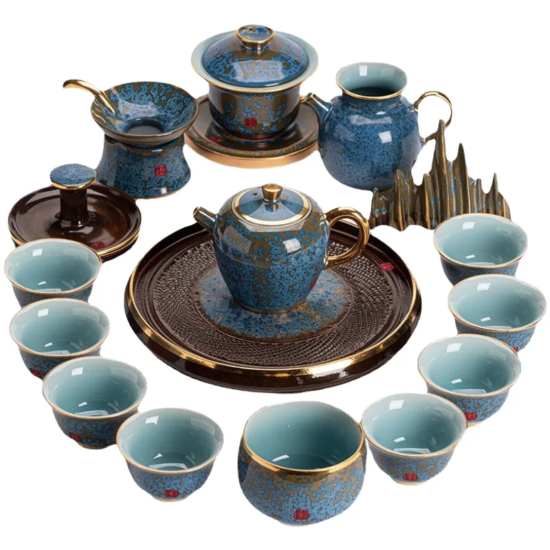 High-end Jun porcelain kiln-changed glaze Kung Fu tea set, Chinese-style teapot home office meeting guests,