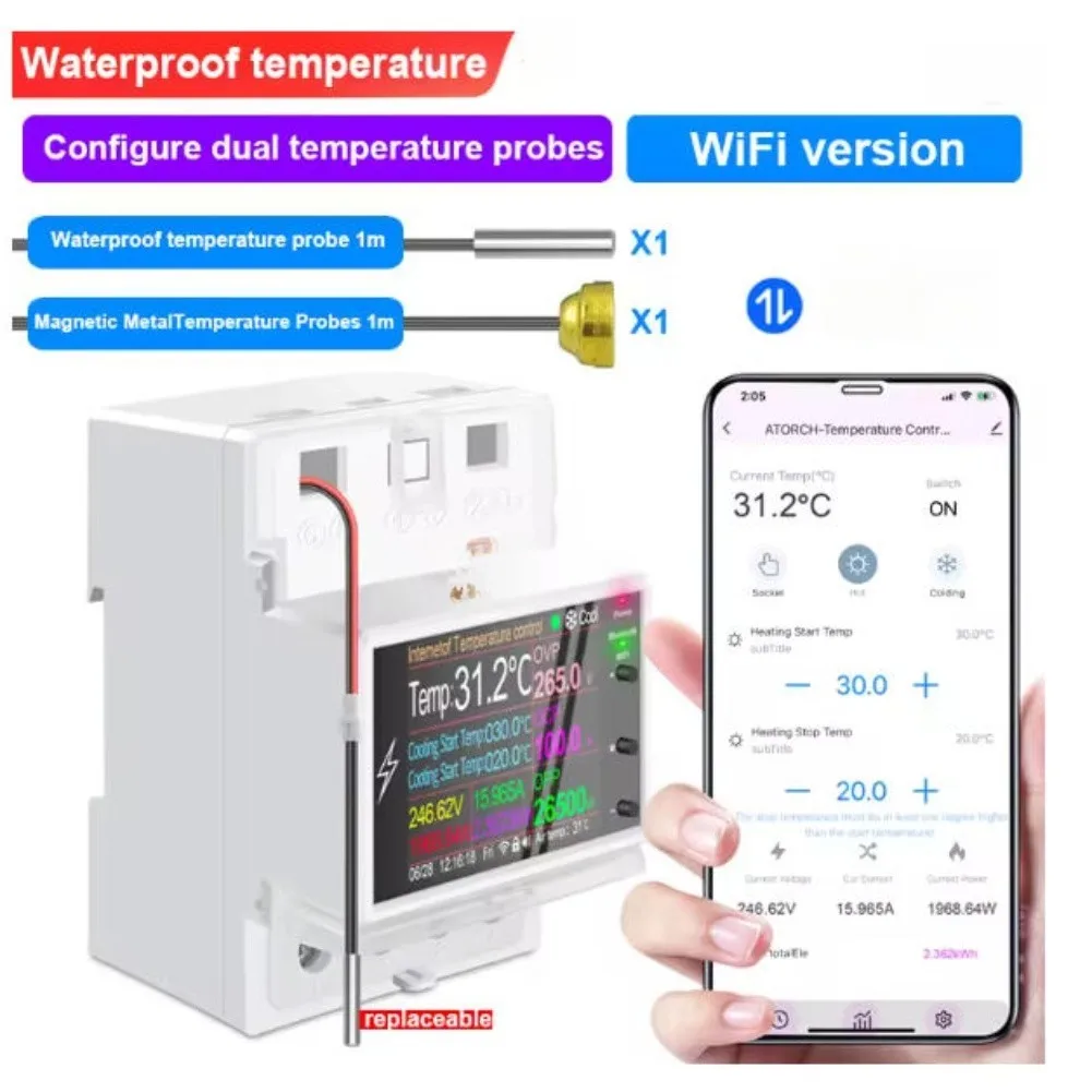 

AT4PTW WiFi DIN Rail Digital Display Temperature Controller Timer Switch Single Relay Output Adjust The Temperature Anytime