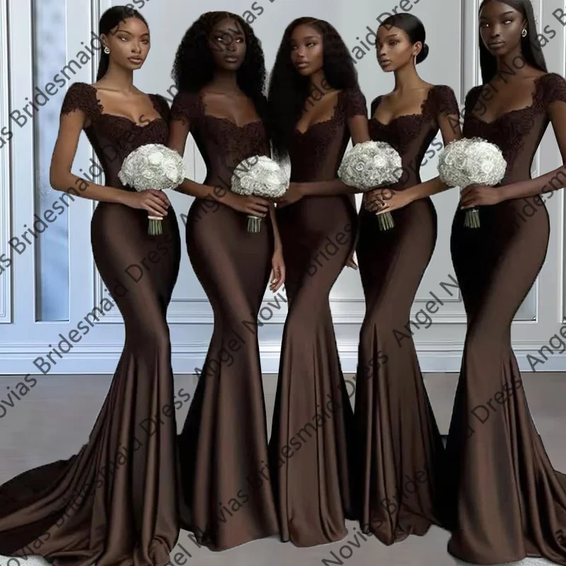 

Customized Long Brown Mermaid Bridesmaid Dresses Cap Sleeves Corset Bride Maids Gowns robe demoiselle d honneur femme