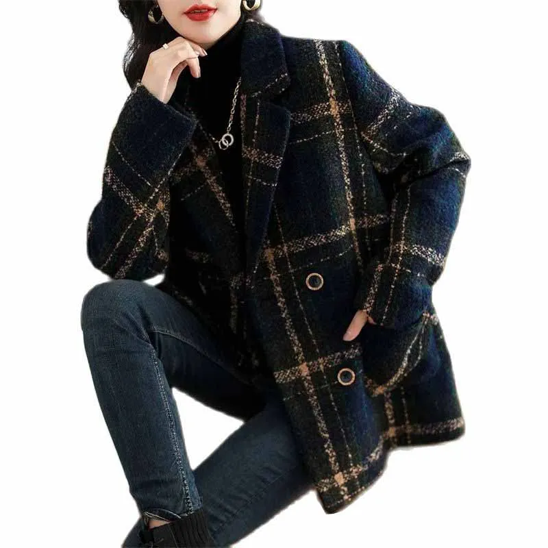 

Women's Woolen Blazer Coat 2022 New Autumn And Winter Wool Suit Jacket Female Fashion Loose Vintage Plaid Panel Woolen Coat