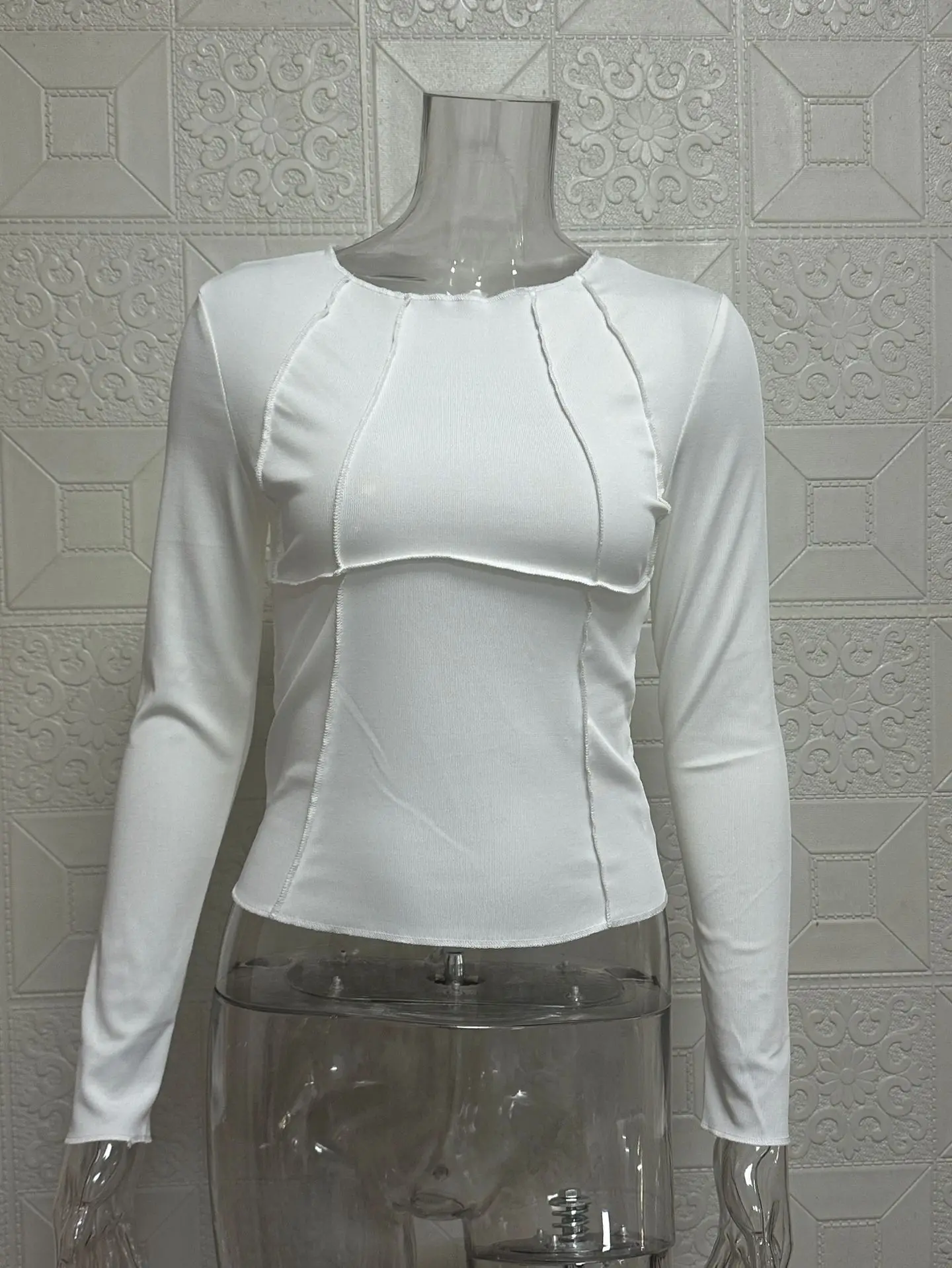 Women's Slim Fit Ribbed T Shirt Crew Neck Long Sleeve Top Stitching Detail Solid Basic Casual Autumn Winter Tee Shirt