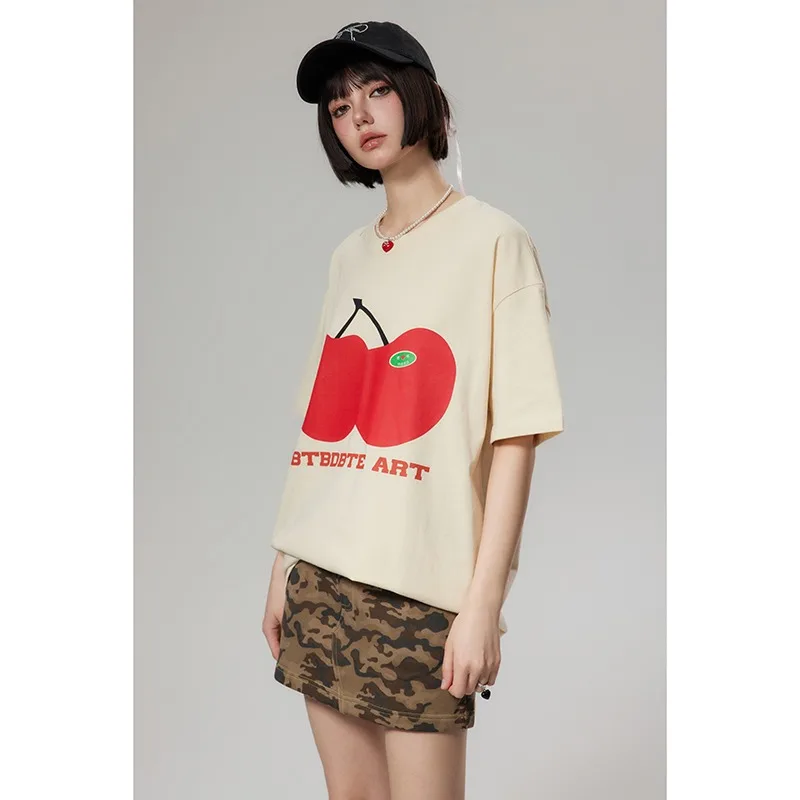 NXXTRESS Aesthetic Summer Tee Streetwear Goth Harajuku Letter Graphic Apple Print T-shirt Vintage Crop Tops Y2K Clothes Unisex