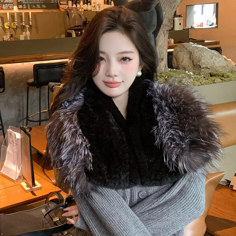 Real Rex Rabbit Fur Scarf For Women Winter Fashion Fur Scarves Shawl Luxury Silver Fox Fur Knitted Scarf Shoulder Cover Ladies