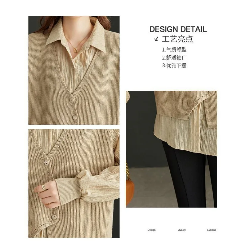 Geknoopt effen kleur mode shirt met lange mouwen dames lente en herfst losse nep tweedelige top