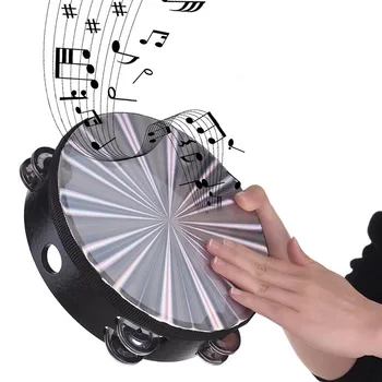 8 Inch Wooden Radiant Tambourine Handbell Hand Drum w/ Double Row Jingles Reflective Drum Head Musical Percussion Instrument