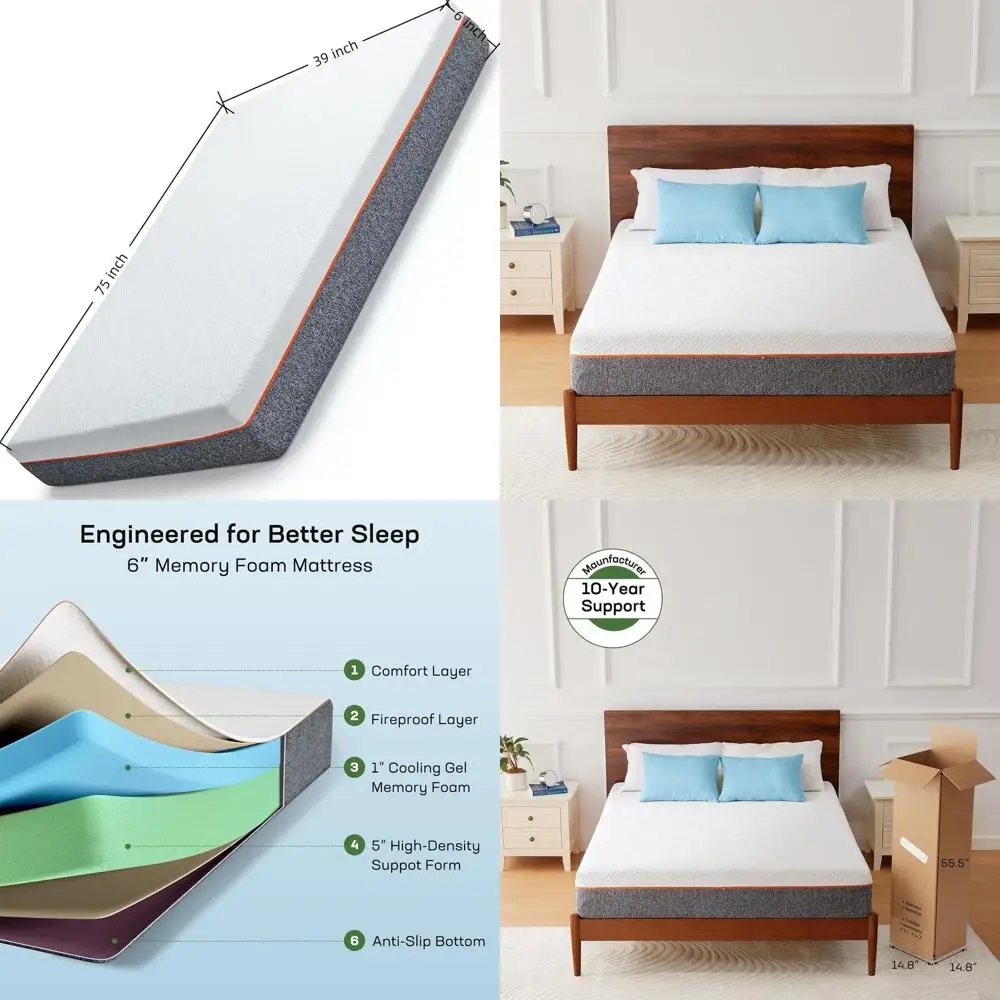 

Двойной матрас, 6-дюймовая гелевая пена с эффектом памяти, матрас с двуспальной кроватью среднего размера в коробке для снятия давления и поддержки, дышащий Coo