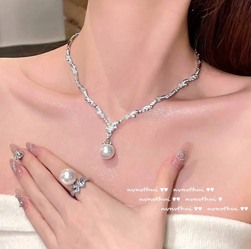 

JitDoo Luxury Elegant Lady’s Zirconia Pendant Necklace BlingBling Noble Pearl Ring/Earring Wedding Eternity Jewelry Set Gift