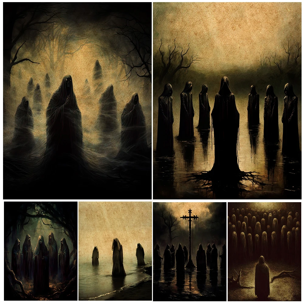 Dead Spirits Are Walking On The Beach And Circle Of Witches Vintage Wall Art Canvas Print Macabre Dreamy Art Poster Print Decor