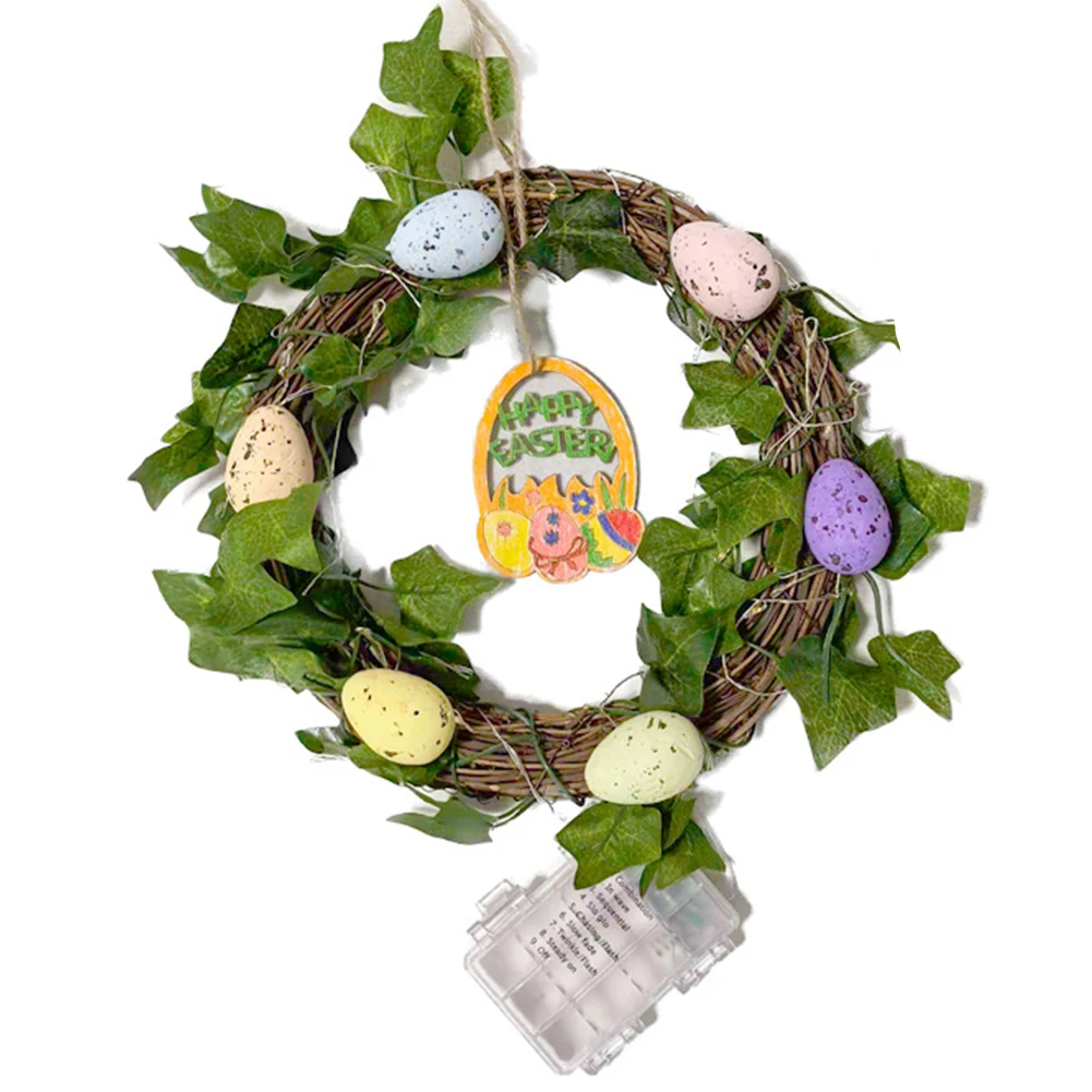 7.8 Inch Easter Egg Wreath Artificial Mini Twig Wreath Decorative Lighted Hanging Garland Battery Operated for Front Door