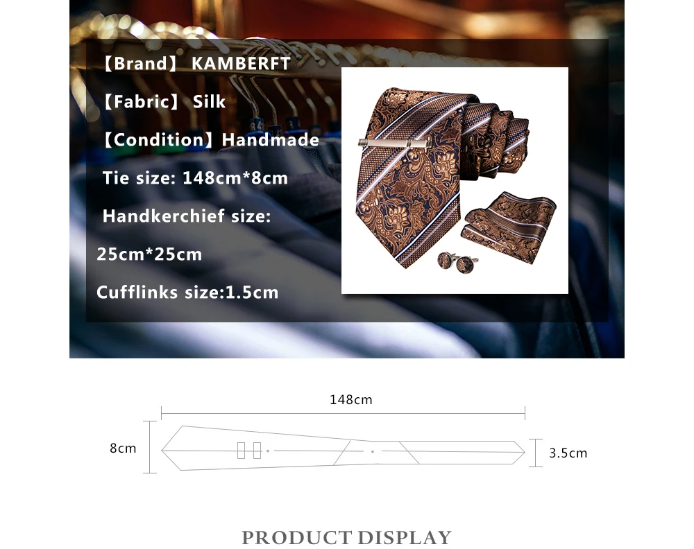 KAMBERFT Marineblau Gestreifte Seidenkrawatte für Herren, Modisches Design, Geschenkset mit Taschentuch und Manschettenknöpfen, Business-Party-Gravata – Detail 2