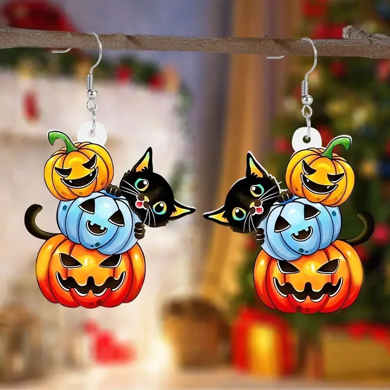 New Halloween Black Cat Three Pumpkin Earrings for Women and Girls Holiday Gift Accessories Large Pendant Wholesale