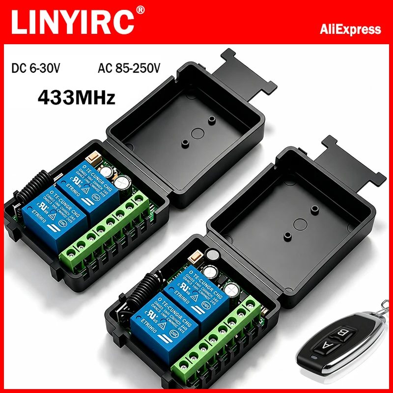 2CH 433MHz RF Wireless Remote Control Switch Receiver Module DC6-30V AC85-250V Relay Controller Garage Door Light Motor Control