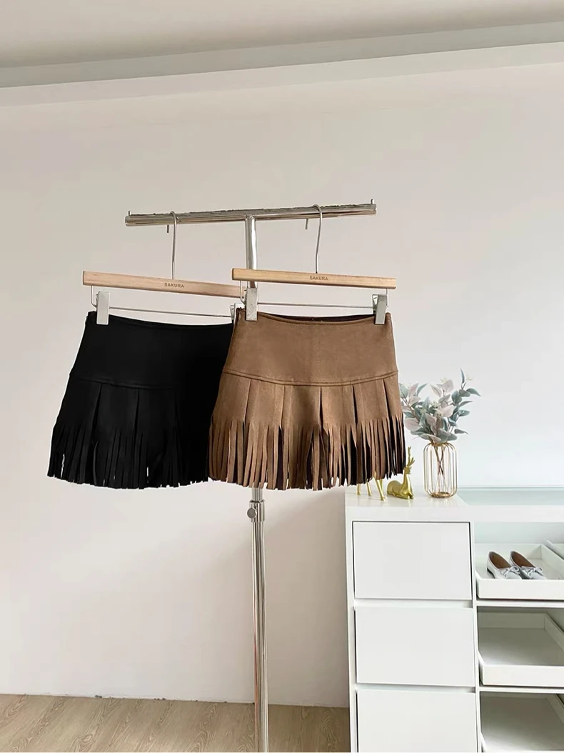 

Женская осенне-зимняя уличная одежда, короткая юбка с кисточками и высокой талией, женская однотонная тонкая замшевая юбка в лайме