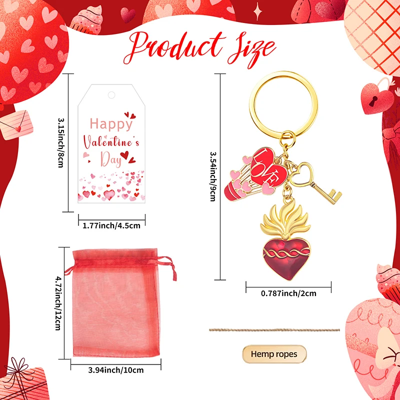 6 مجموعات من هدايا عيد الحب للأزواج، 6 سلسلة مفاتيح على شكل قلب، 6 علامات ملصقات للهدايا، 6 أكياس أورجانزا حمراء، هدايا تبادل الزوجين #6