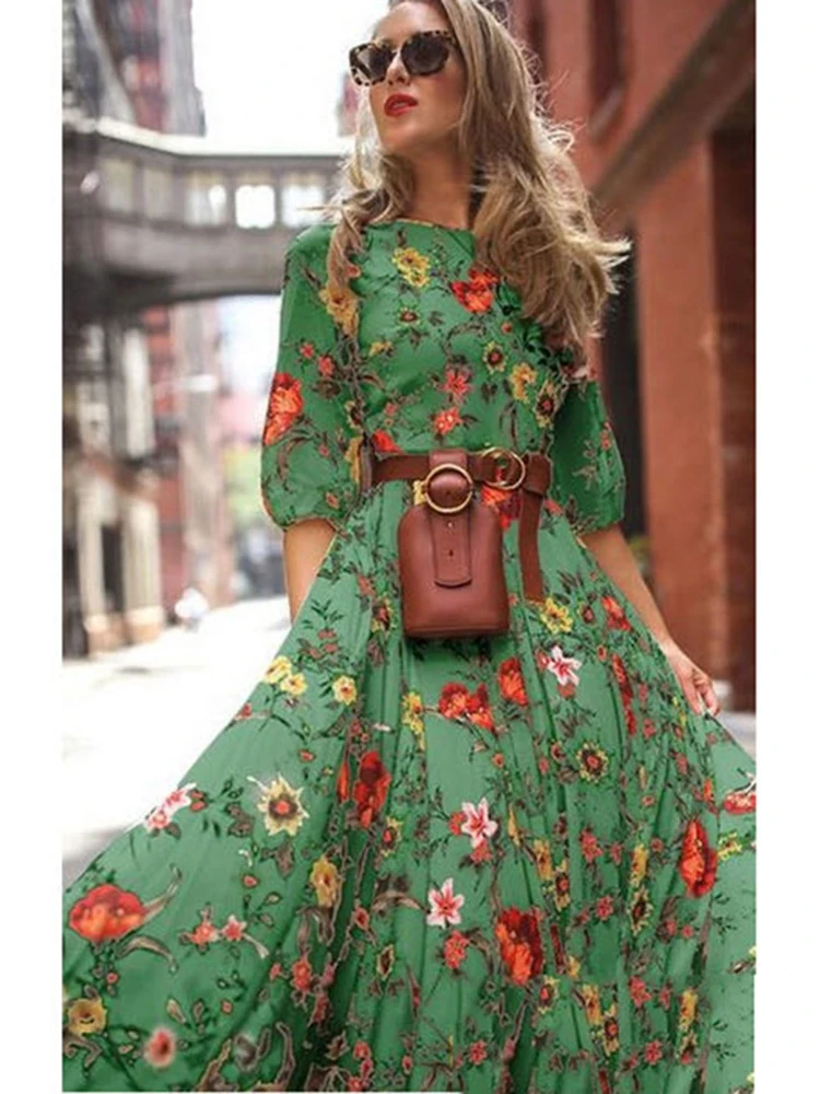 Spring Summer Vintage Flower Floral Print Maxi Dress Office Lady Fashion Elegant Long Sleeve O-neck Dresses For Women 2024