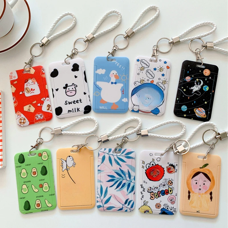 Student Cartoon Bus Card Case Badge Holder Cards Sleeve Animal Printed Id Credit Card Holder with Hand Rope Lanyard Cards Sleeve