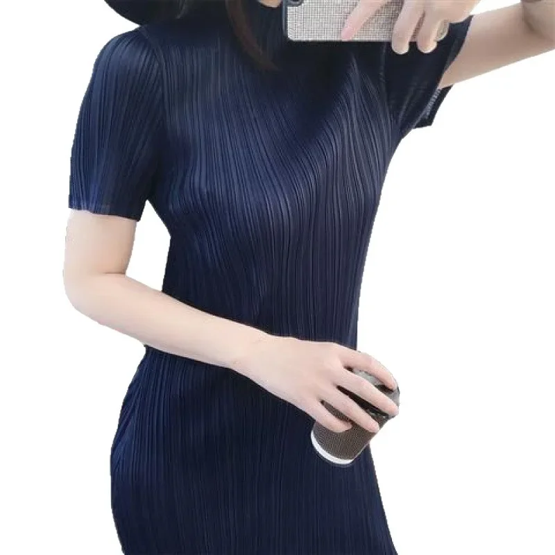 ميدي فستان المرأة الصيف نمط جديد ضوء ناضجة جو الركبة طول الوقوف طوق قصيرة الأكمام فساتين راقية الصينية #4