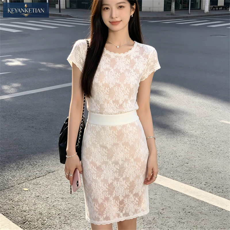 

KEYANKETIAN 2026 Summer Romantic Feminine A-Line Lace Midi Skirt High Waist Floral Pattern & Sheer Overlay Knee-Length Skirt