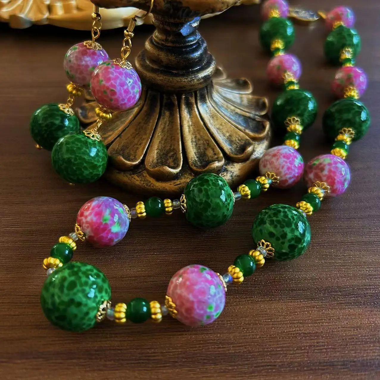 Handmade antique glazed beaded necklace earring set