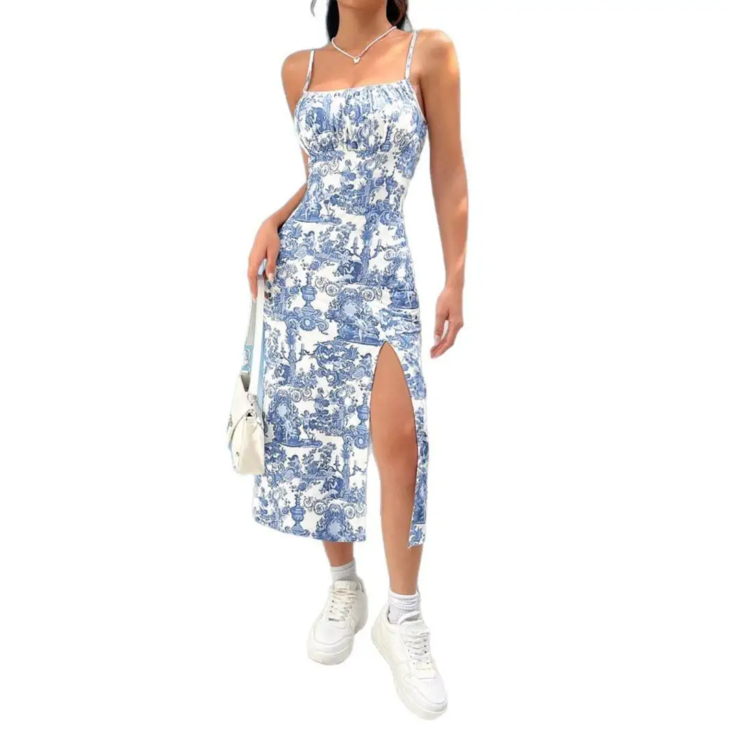 Printemps été nouveau Sexy Slim Fit femmes Dr avec fente bretelles longue robe décontracté Sle taille moyenne t-shirt acétate Fiber 00%