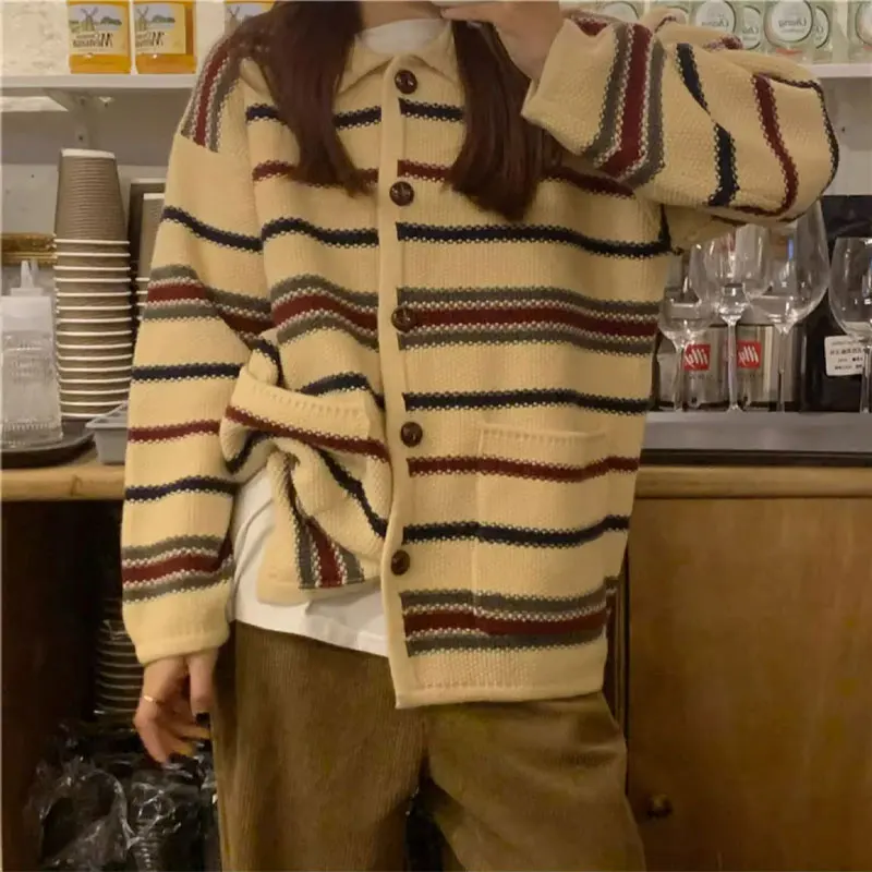 Contrasting Colors Vintage Cardigan Autumn Winter Loose Women\'s Clothing Japan Style Polo-Neck Single-breasted Knitted Sweaters