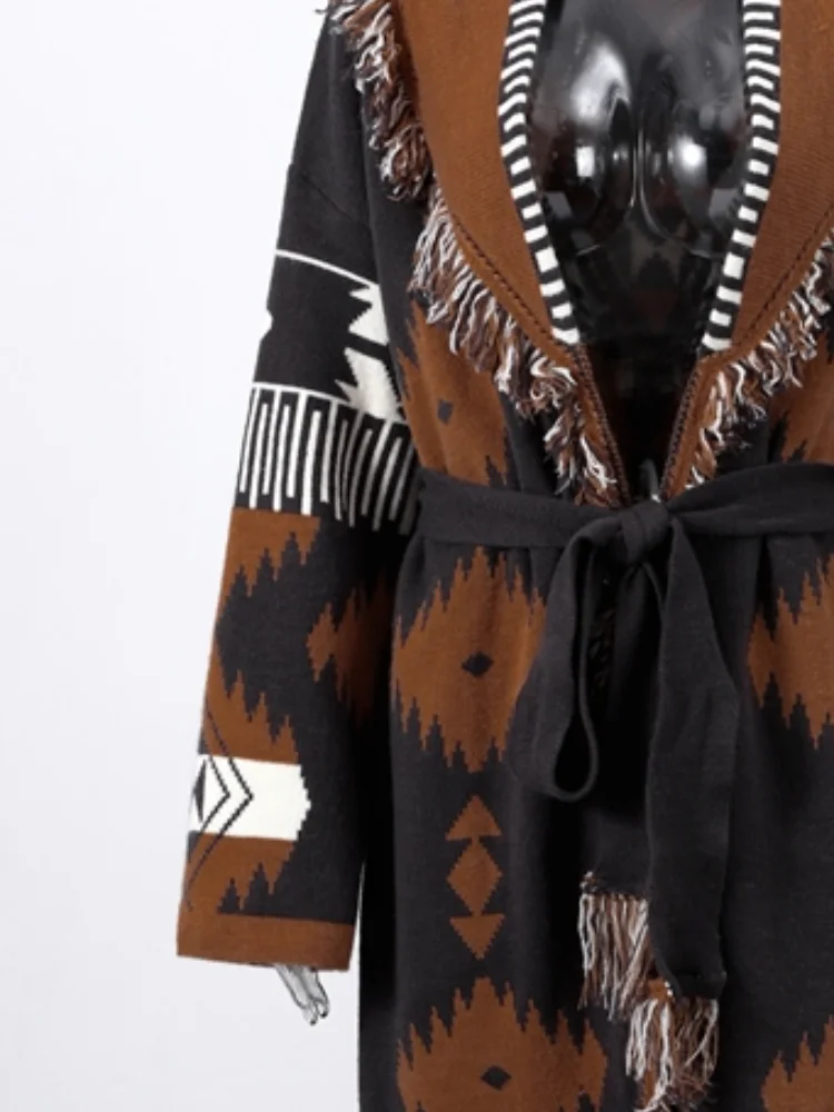 

Printed Tassel Women Cardigan Knitted Long Full Sleeve Loose Sweaters Color Blocking Lace Up Sweater Lady Spring Cardigan Tops